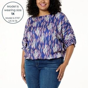 Democracy Printed Woven Puff-Sleeve Bubble Hem Top Shirt Deep Violet Multi - 1X